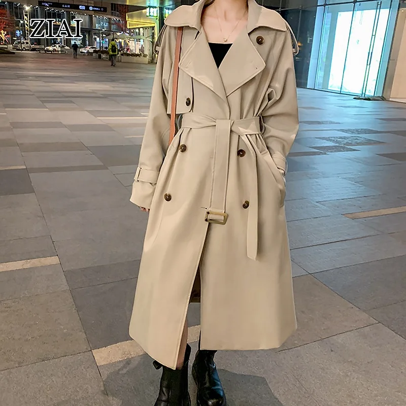 Wholesale OEM High End Double Breasted Button Beige Long Trench Coat For Ladies Spring Women Trench Coat with Belt