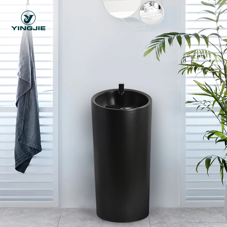 Hot sale bathroom pedestal basin modern matt black freestanding basin
