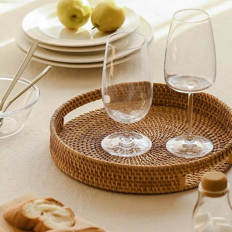 Wholesale Handmade Woven Vintage home Decoration Round Rattan Serving Tray With