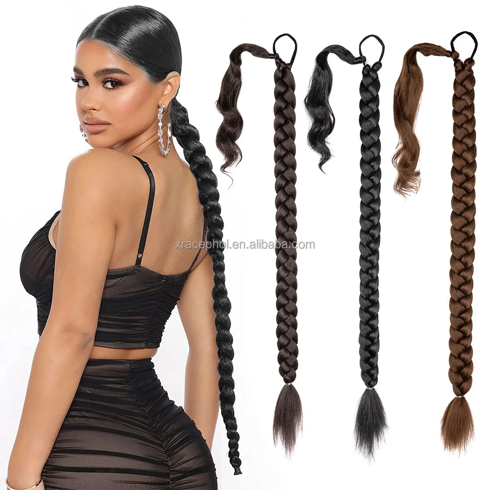 Factory Price 36inch Straight Synthetic Braided Ponytail Extension Black Pony Tail With Hair Tie