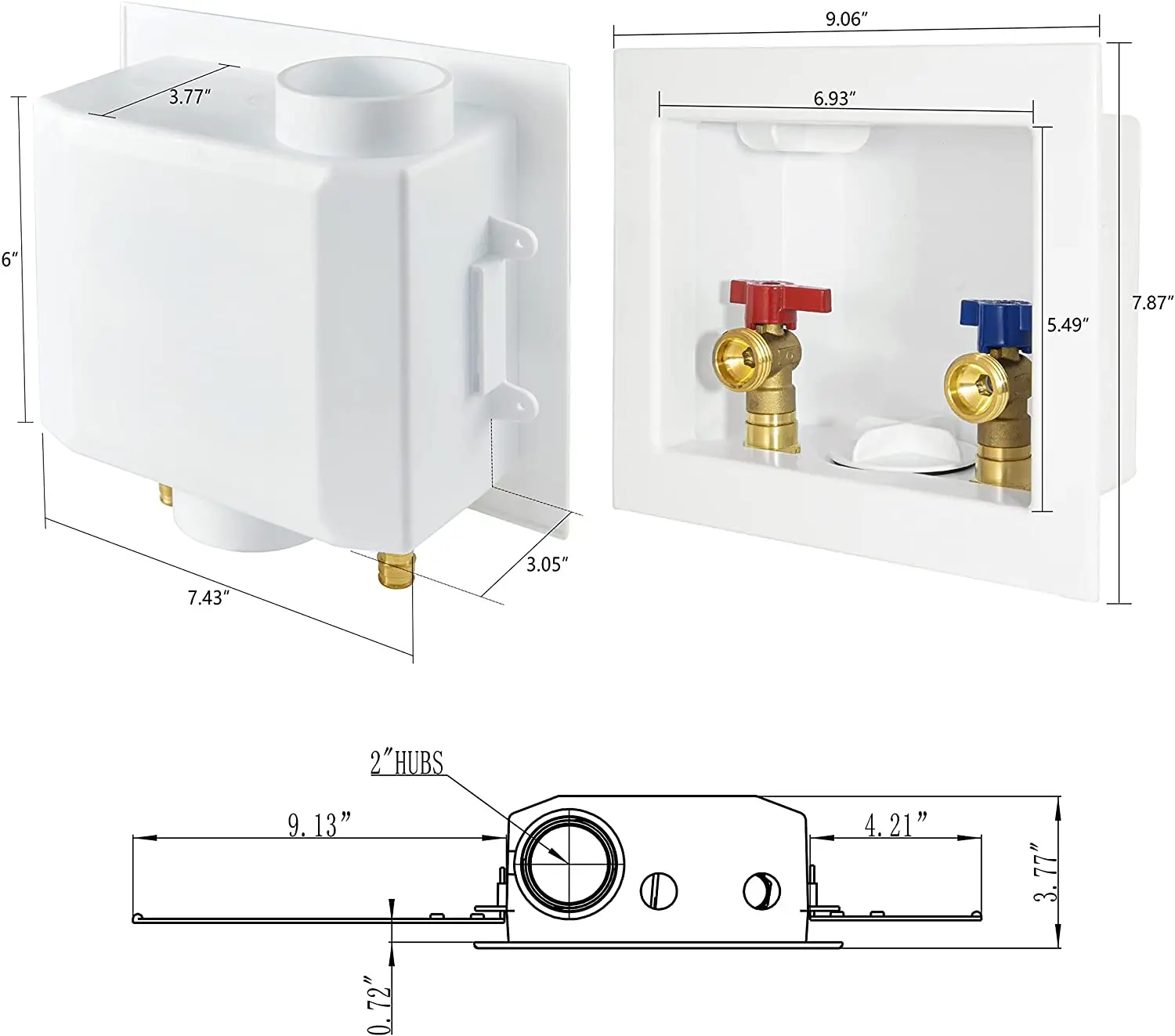 Washing Machine Outlet Box with Center Drain 1/2-inch Crimp