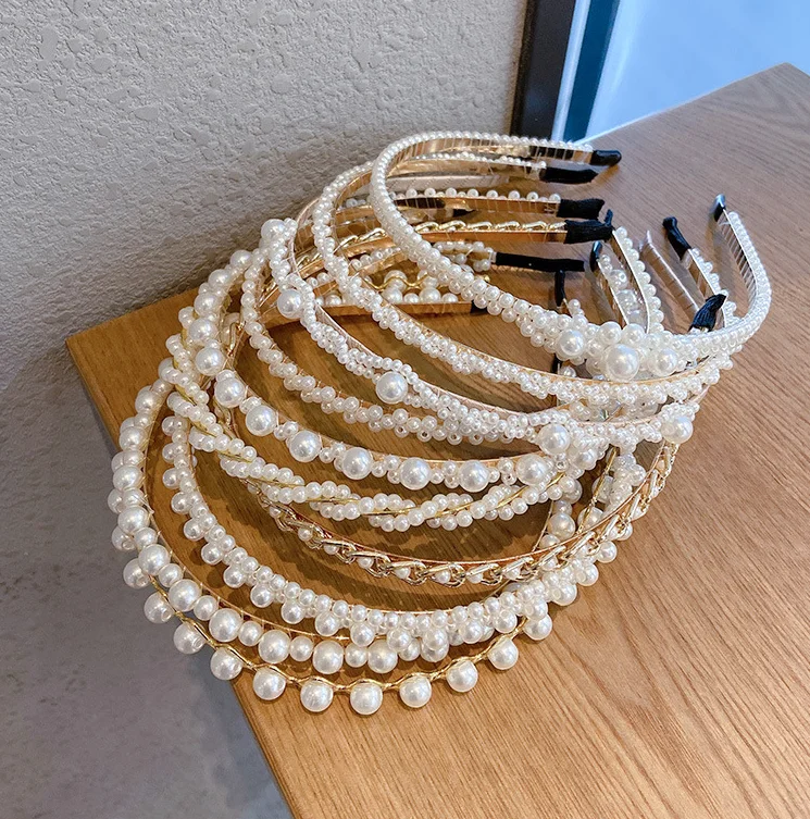 Customize Korean Simple beading head band Braided Pearl Hair hoop Pearl headband