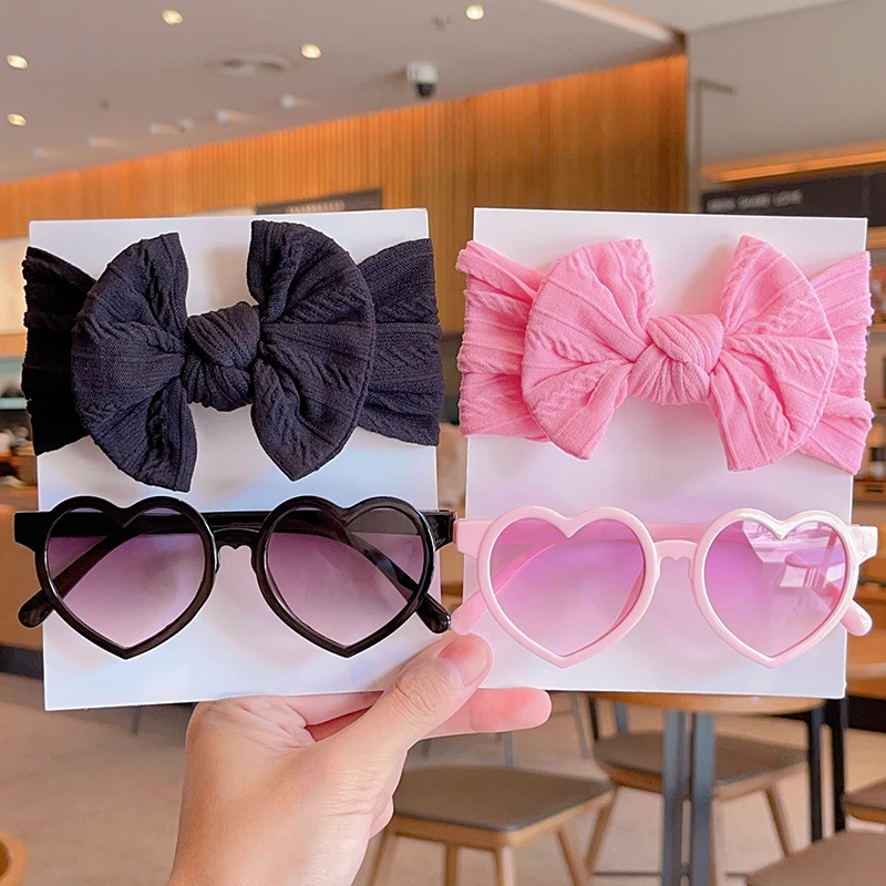 Hot Sale New Heart Shaped Kid 2023 Sunglasses With Headband Set Kids Shades Nylon Baby Headband and Bows Baby Accessories