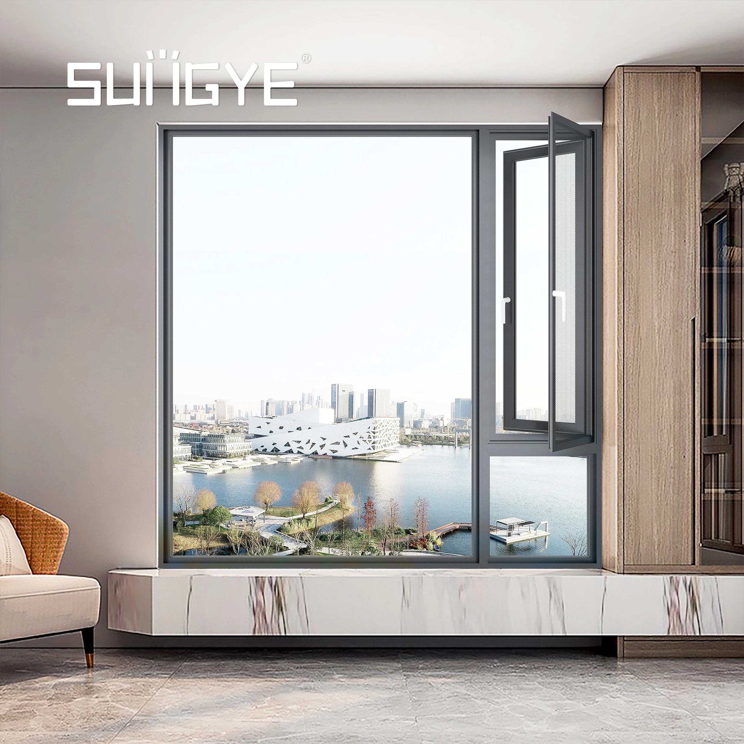 SUNGYE NFRC Custom Swing Casement Window Thermal Break Triple Double Glazed Aluminum Windows With Screen