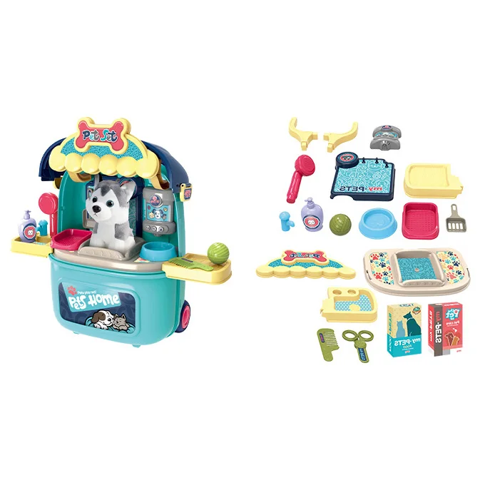 Wholesales Kids Pet Dog Cage Toy Set Educational Pretend Play Trolley Case Toys
