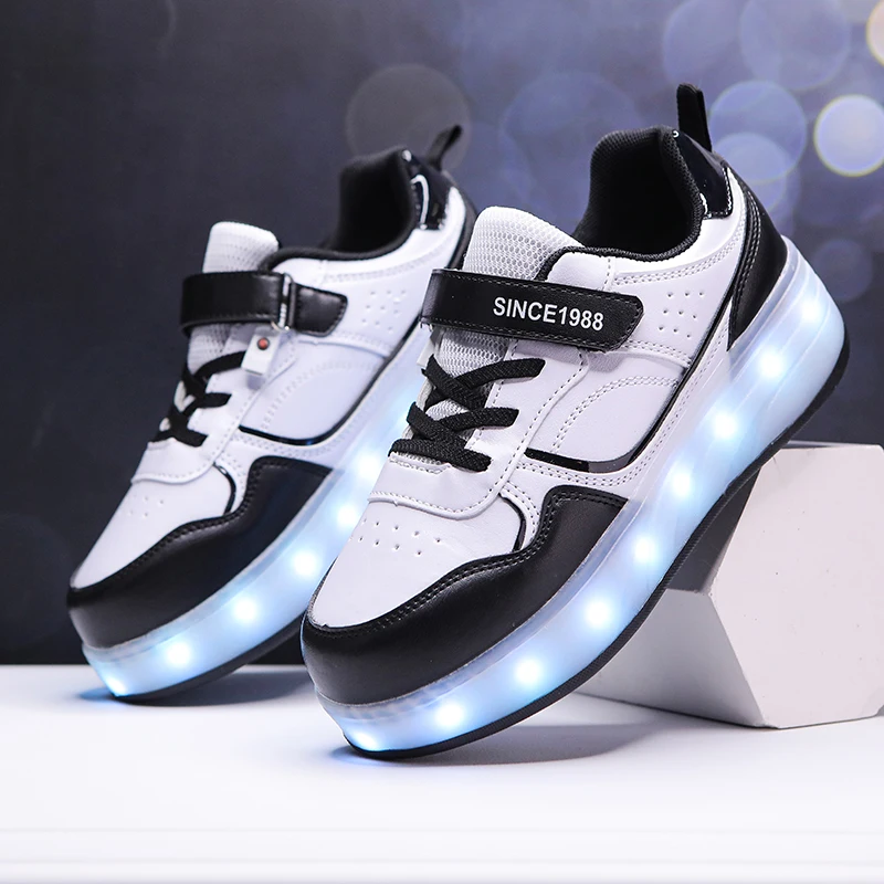 Aikuass LED Light up USB chargeable Roller Shoes Leather Upper Wheeled Skate Sneaker for Boys & Girls Christmas & Birthday Gifts