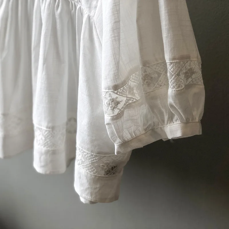 BL830018 korea style fashion vintage puff sleeve lace patchwork v neck summer women shirts blouses and tops