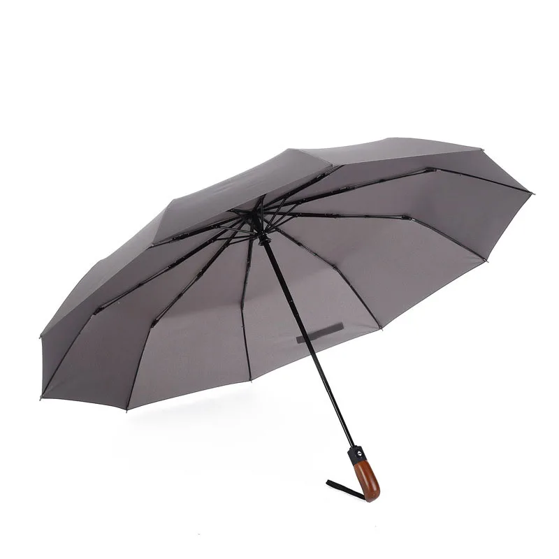 Strong Windproof Good Quality Sunscreen Support Custom Logo Printing Automatic Open 3 Fold Wooden Handle Umbrella