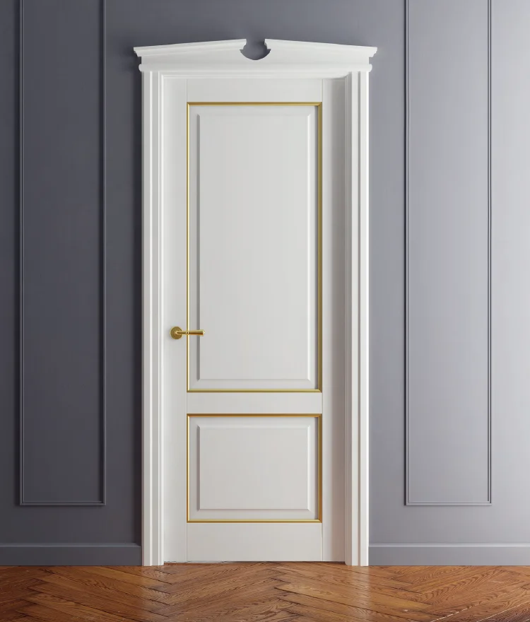 Роскошный дизайн внутренней двери с золотой металлической рамой полная отделка белая панель межкомнатные из массива дерева