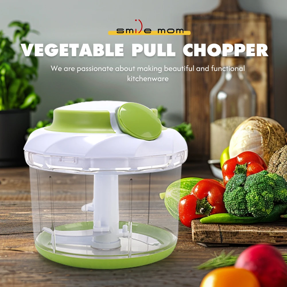 Manual Food Processor Vegetable Chopper Mini Hand Pull String Onion Chopper Garlic Mincer Cutter with 3 Stainless Steel Blades