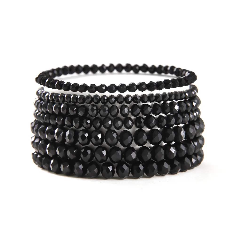 7pieces Per Set Different Size Crystal Beads Faceted Glass Beaded Same Color tone Stretch Bracelets Set