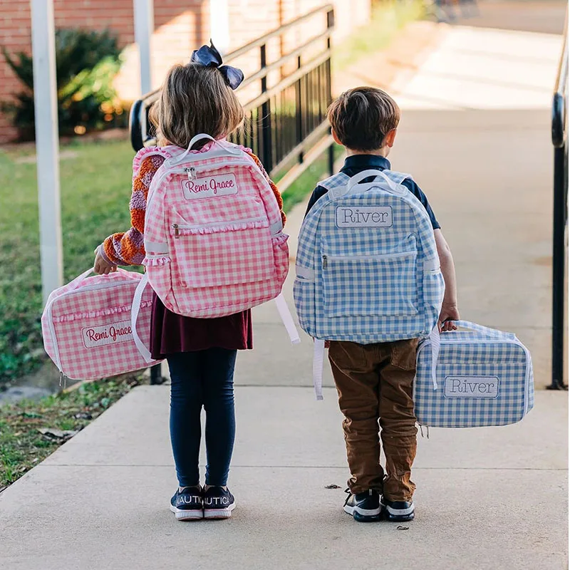 Monogrammed Gingham Plaid School Bags Custom Toddler Nylon Backpack With Lunch Bag For Kids