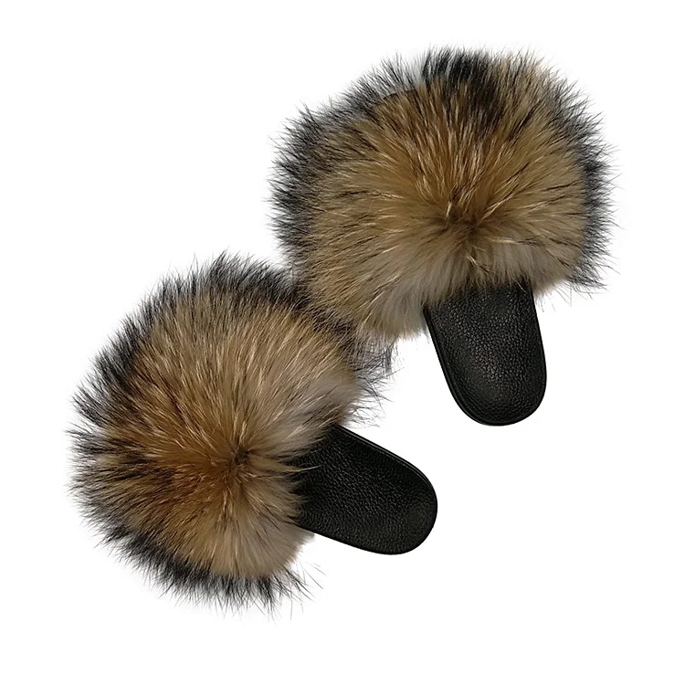 wholesale women fluffy biggest fur slides full fur covered natural raccoon fur slippers