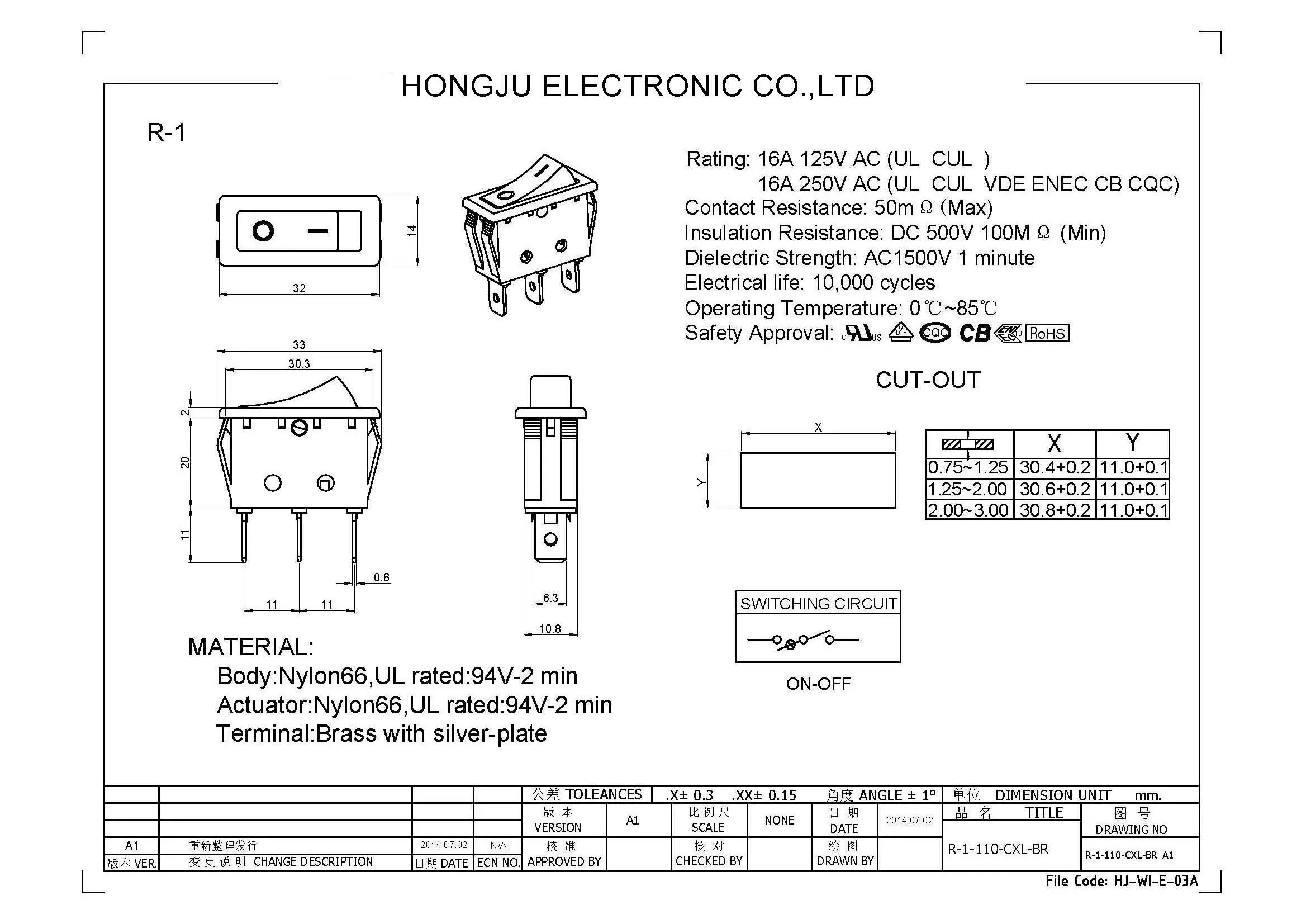 R-1-110-C5L-BG Nylon 66 Flame Retardant 2 Pins On Off Illuminated Rocker Switch With Green Neon Light