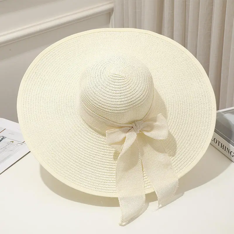Wholesale Foldable Women Summer Wide Brim Sun Sombrero Ribbon Bow Paper Straw ppy Beach Hat