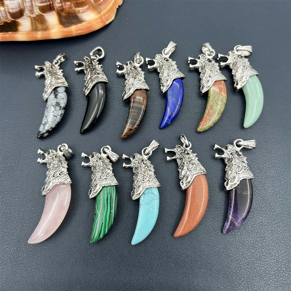 Popular Jewelry Natural Stone Aventurine Crystal Snowflake Obsidian Teeth Gems Pendant Wolf Charms for Women Man Necklaces Gift