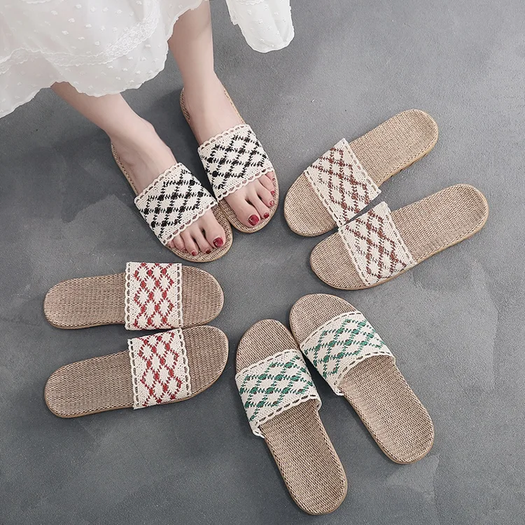 A word flip flops lace high quality women house indoor cheap summer indoor slippers linen