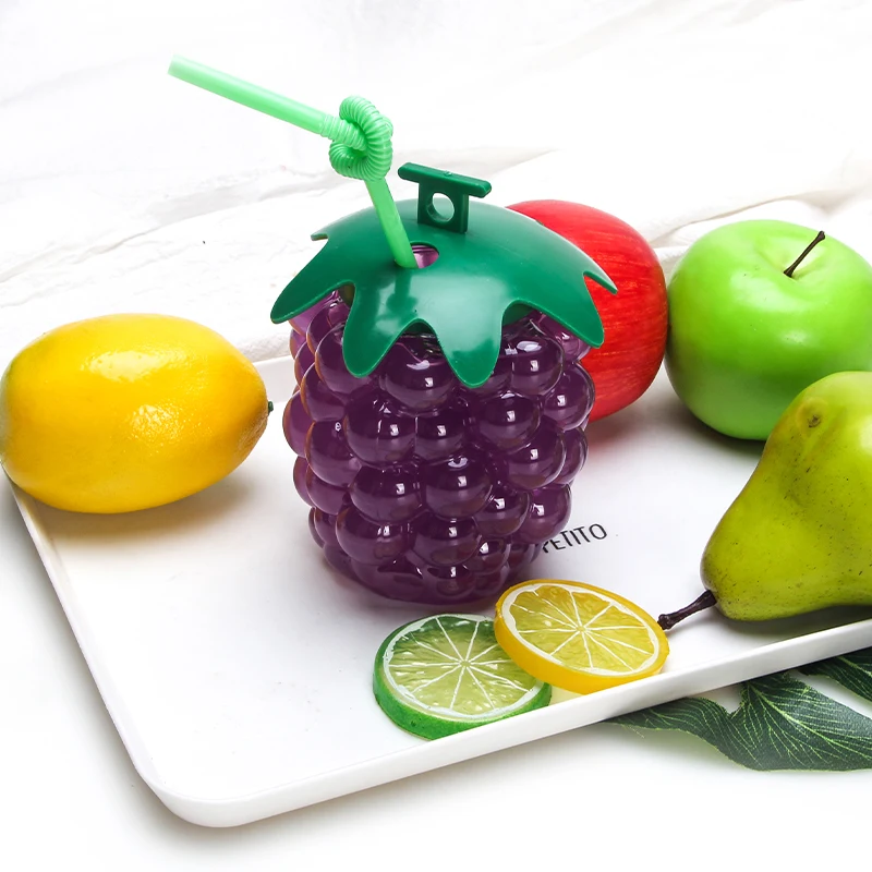 Drink Bottle Reusable Cute Kid Fruit Grapes Shaped Empty Clear Drink Juice Water Bottle With Straw Lid For Summer