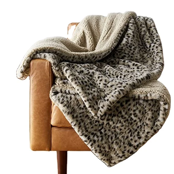 Warm and Comfortable Brown Leopard Print Fuzzy Faux Fur Sherpa Throw Blanket for Bed Sofa