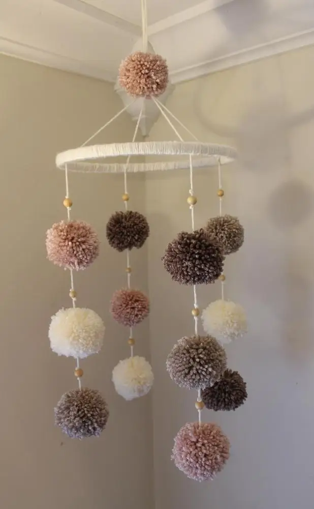 
Newborn gift diy handmade nursery decor toys pastel hanging girl pom pom baby crib mobile 