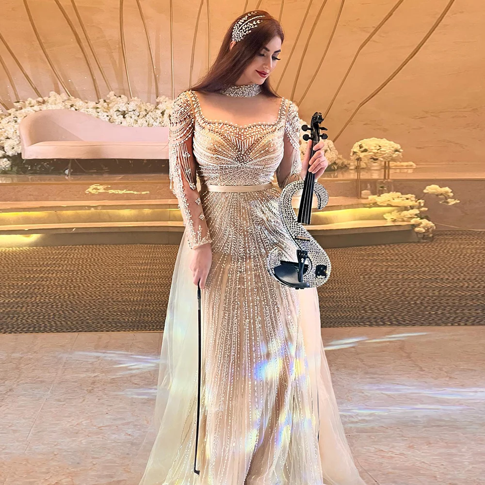 Scz008 Luxury Nude Tassel Mermaid Dubai Evening Dresses For Women Wedding Party 2023 Arabic Long Sleeve Formal Gowns
