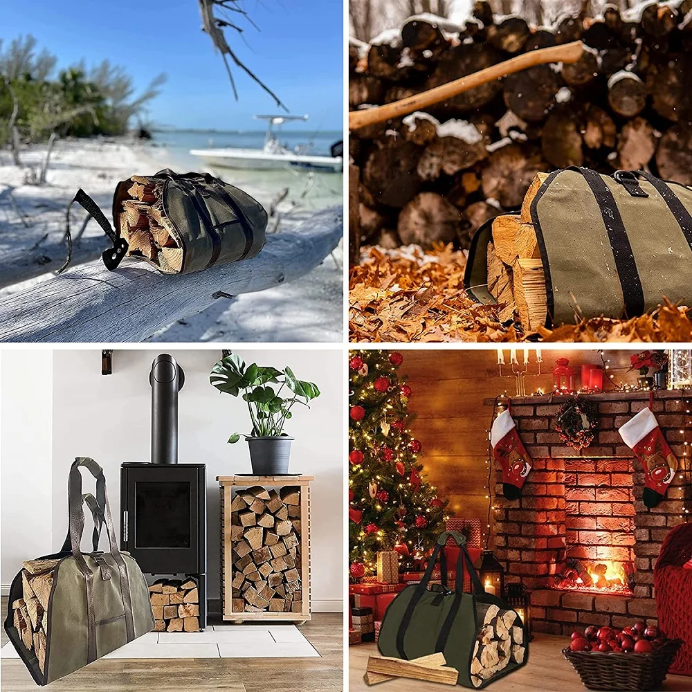 Large Log Capacity Waxed Canvas Firewood Tote Bag Heavy Duty Waterproof Firewood Carrier
