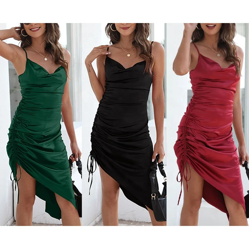 2022 Custom OEM ODM Satin Spaghetti Straps Cowl Neck Sexy Ruched Cocktail slip Midi Dresses