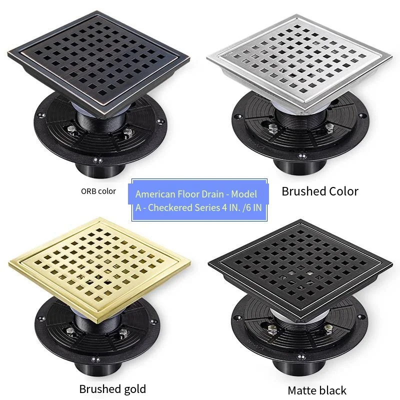 6 inch gold Square Shower Drain with Flange Black Shower Floor Drain Kit 4 inch Removable Grid Grate SUS 304 Stainless Steel