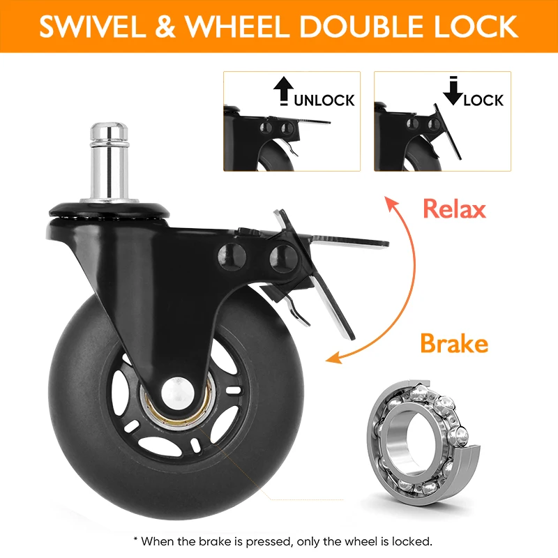 New Products TPR Office Chair Caster Wheels 3 Inch Anti-Static Caster Rubber Swivel Brake Wheels Black