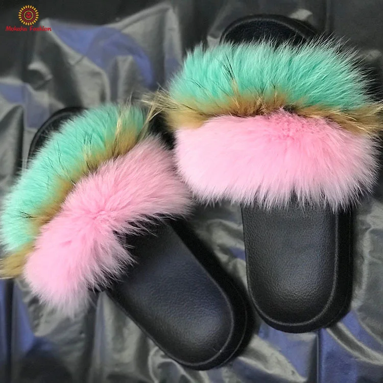 
Wholesale fashion custom color fluffy fur slides womens slippers women fox 