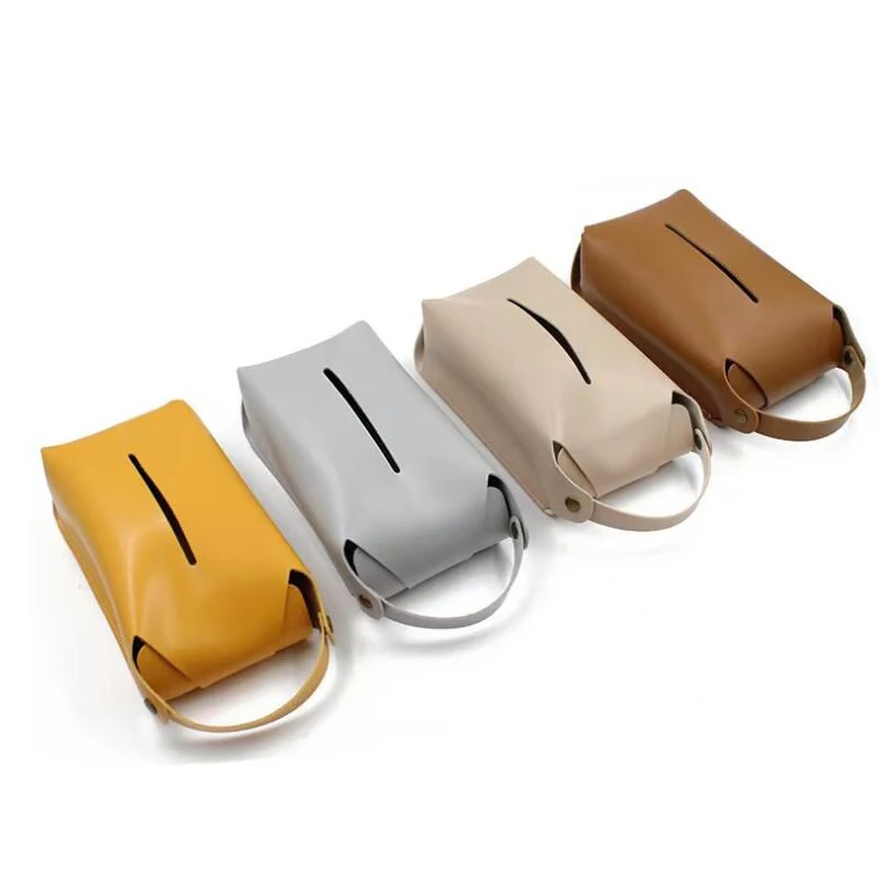 Factory Made Wholesale PU Leather Tissue Box Cover With Detachable Handle Hanging Paper Tissue Mask Box Holder For Car