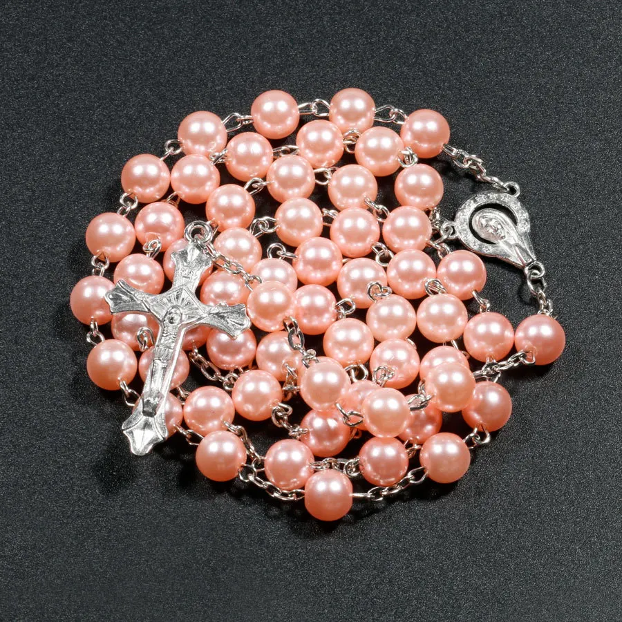 Colorful Pearl Long Rosaries Cross Necklace Catholic Rosary Virgin Mary Necklace