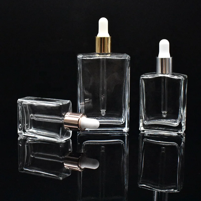 30ml 50ml 100ml clear rectangular cosmetic serum glass dropper bottle