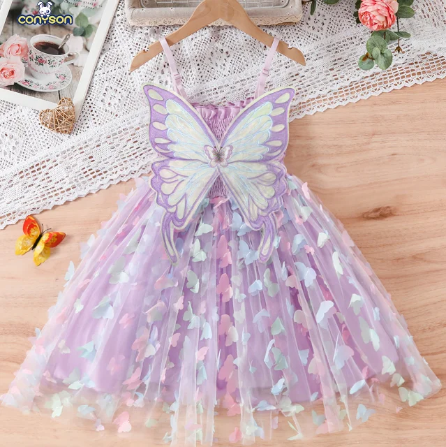 Conyson Girl Butterfly Wings Fairy Gauze Princess Dress Lovely Kid Summer Sleeveless Tulle Dress Child Birthday Party Gown Dress