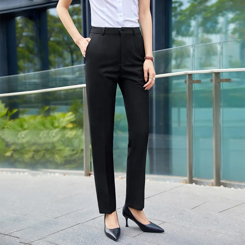 Button Decoration Casual Slim Straight-Leg Flat Business Formal Occasions New Arrival Professional Workwear Black Pants