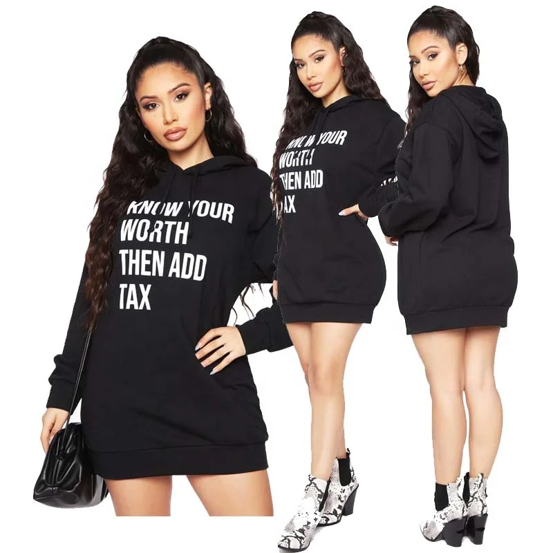 Z19538 2021 New Women Simple Casual Jersey Dress Long Sleeves O Neck Loose Skirt Letter Print Plain Long Hoodie Jersey Dresses