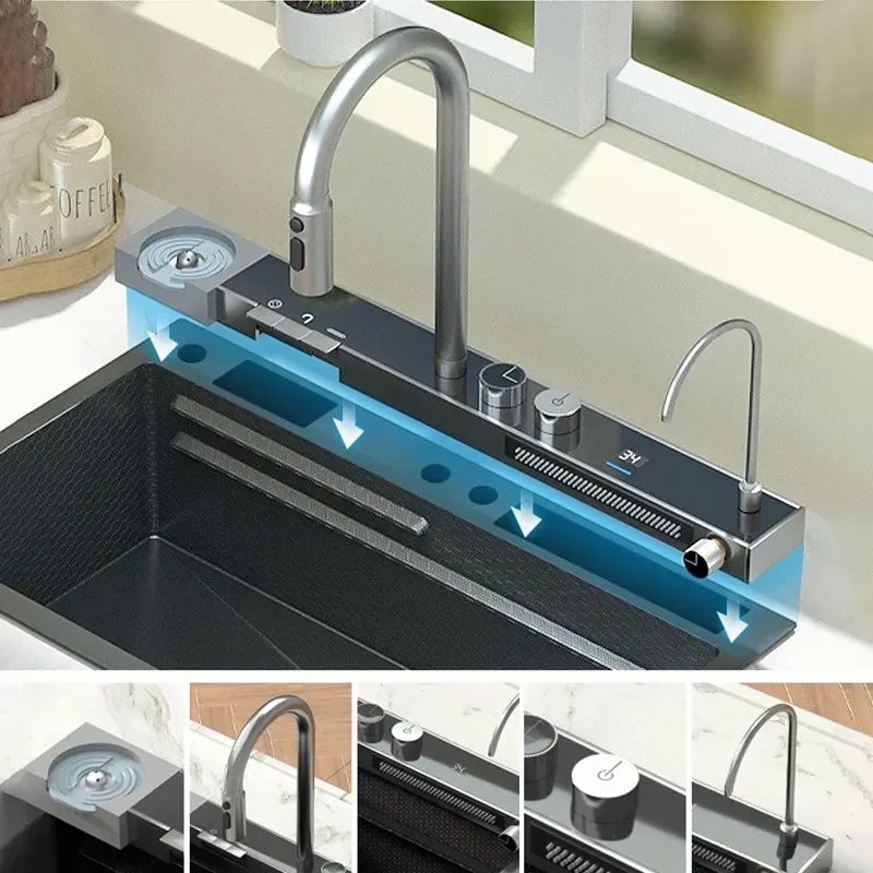 Multifunction 304 Stainless Steel waterfall rainfall faucet kitchen LED Digital Display faucet Flying Waterfall Kitchen Sink set