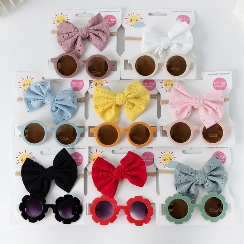 Newborn Baby Hair Accessories Hollow Bow Baby Headband and Sunglasses Set