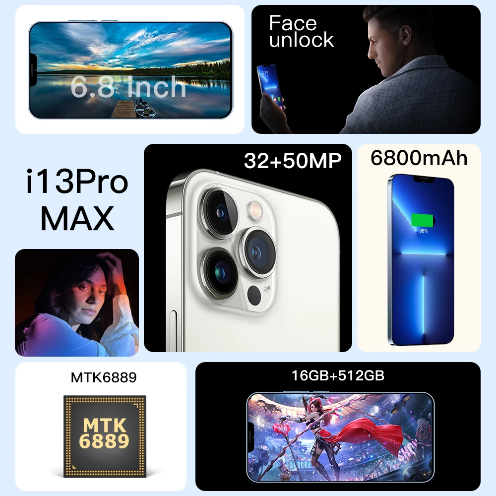 hot sale cheap phone i13 pro max 16+512g new style mobile phone android phone