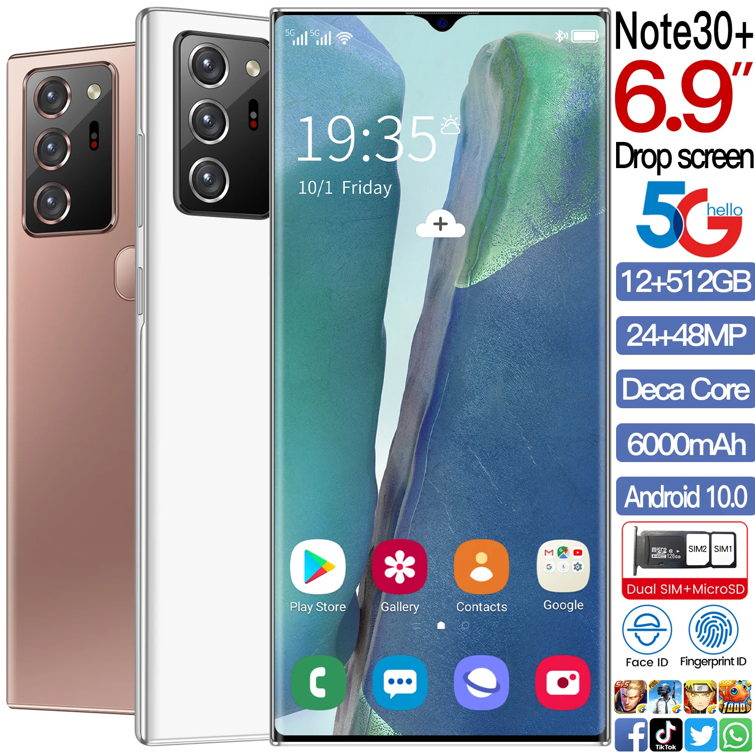 Смартфон с распознаванием лица и двумя Sim-картами MTK6889 двухъядерный сенсорный большой экран Android 10 Мобильный телефон