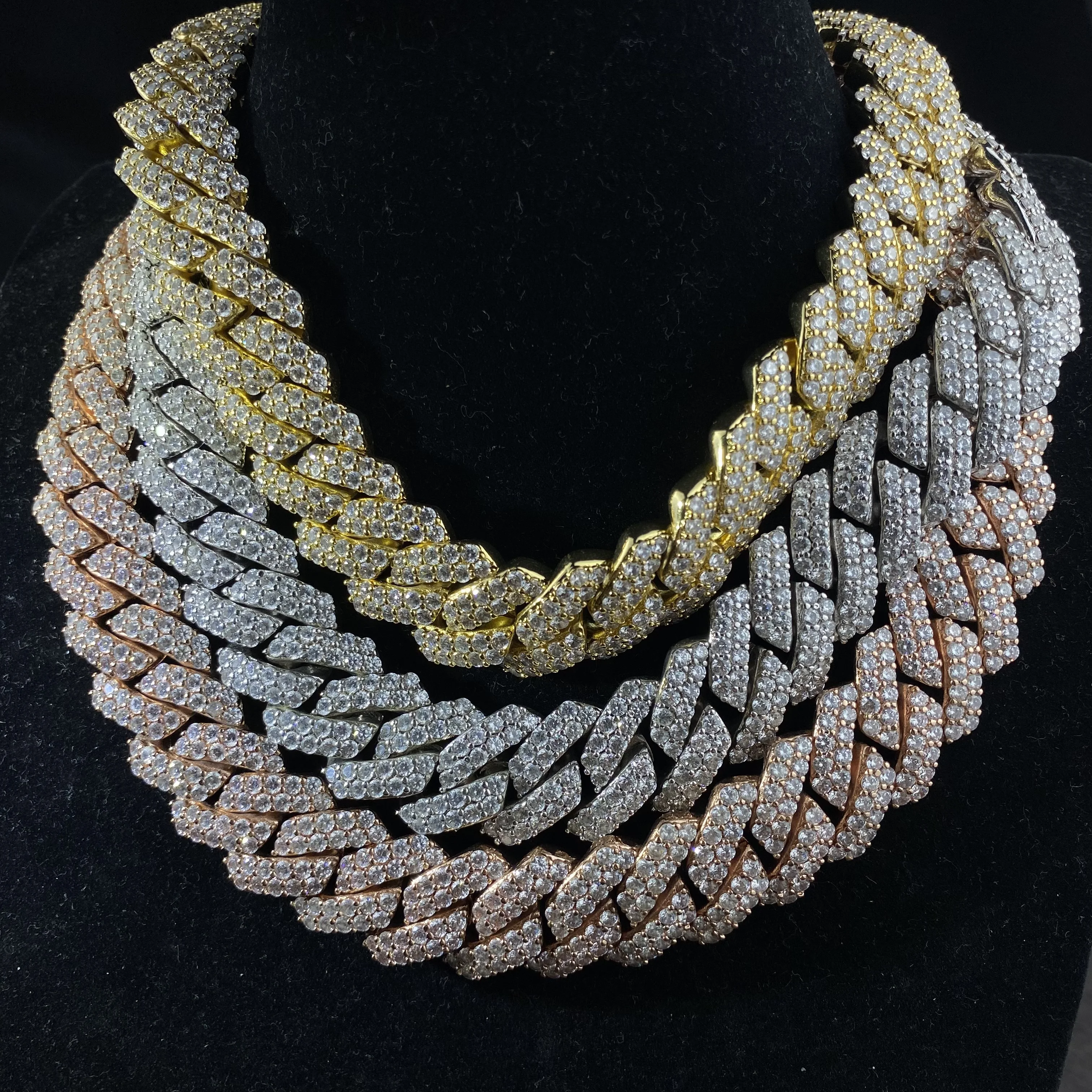 Wholesale 19mm 2rows VVS Moissanite S925 Sterling Silver Prong Cuban Link Chain Necklace For Men