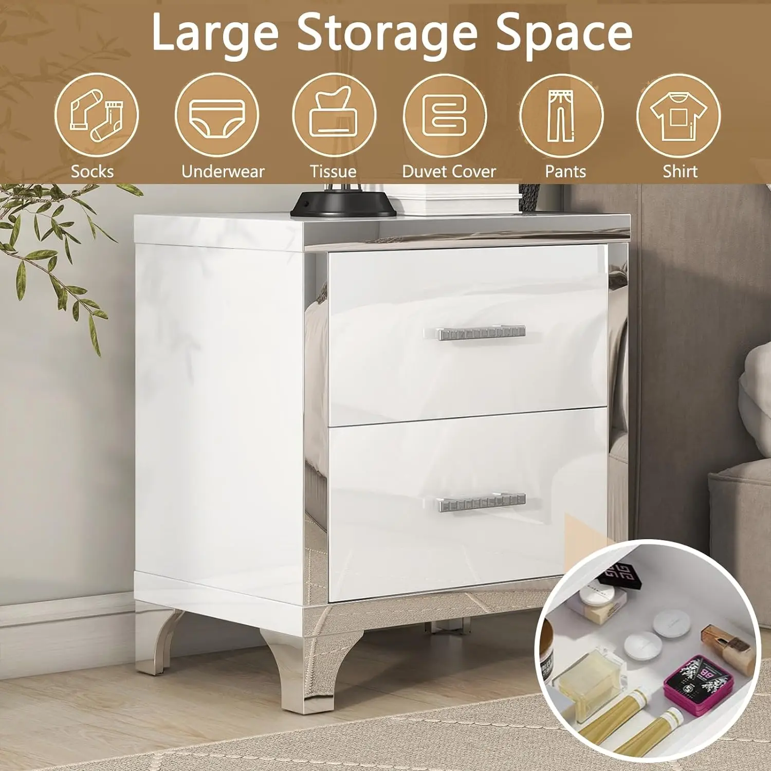 Modern Bedroom End Table Sofa Side Table Elegant High Gloss White Nightstand Mirrored 2 Drawer Bedside Table