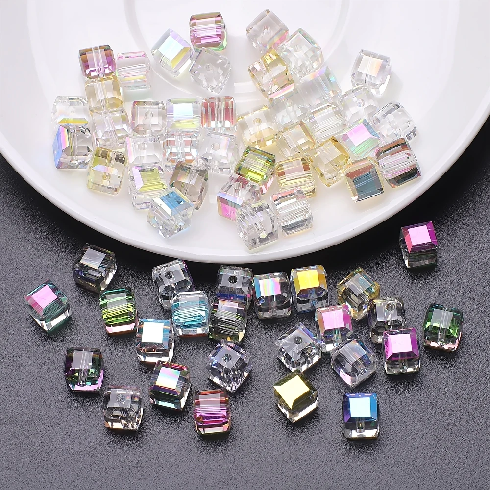 Zhubi 6MM 8MM Colorful Square Glass Beads New Colors Shining Faceted Cube Crystal Beads for Jewelry Making DIY Bracelet
