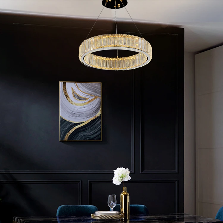 Hot Selling Modern Luxury Hanging Lights Circle Ring Dining Room High Ceiling Chandelier Crystal Led Rose Gold Pendant Light