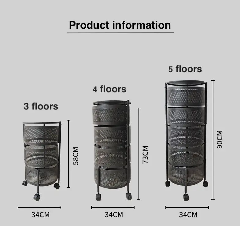 Kitchen Vegetable Rack 3 layers Round Fruit and Vegetable Basket Storage Trolley