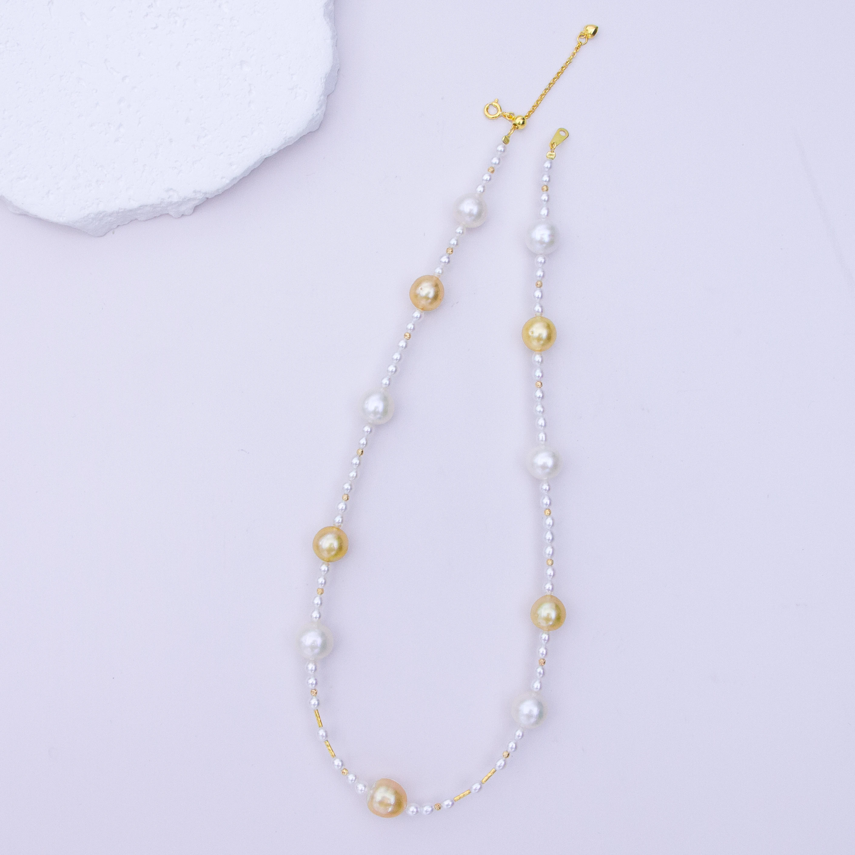 S925 Silver Accessories Sea South Sea Gold Beads/Freshwater White Core Pearl Necklace 3-4mm/9-11mm Near Round Flaws