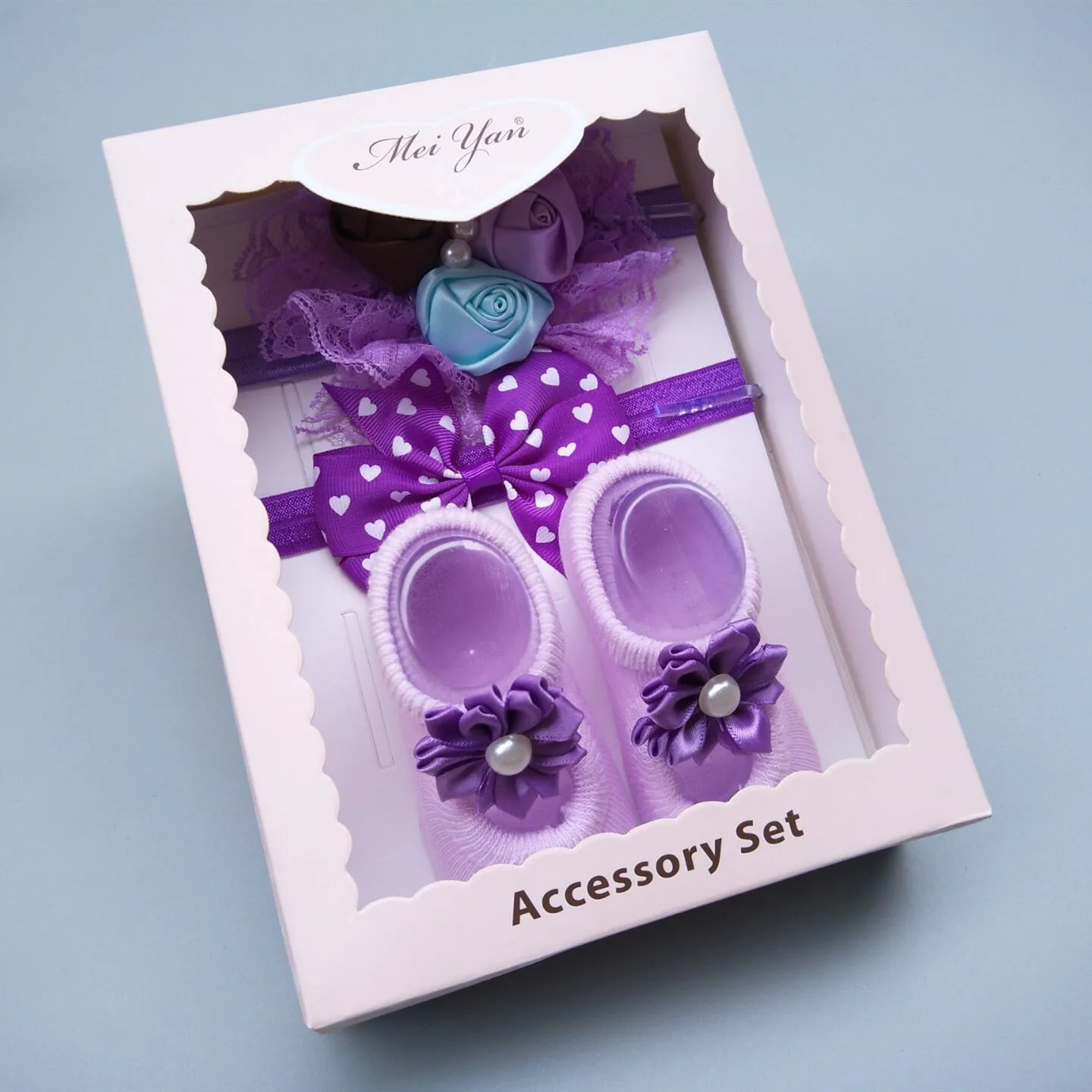 In Stock Wholesale Newborn Gifts Box Pack Fancy Lace Bow Flower Headband Set Anti Slip Cotton Baby Socks