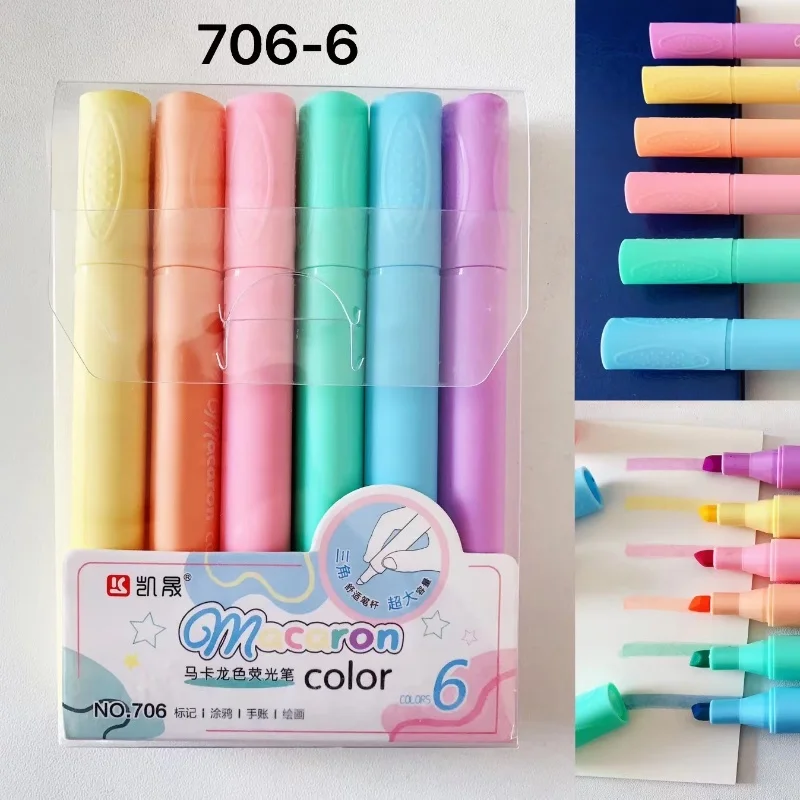 Customizable Macaron Colored Highlighter Chisel Tip Triangle Pen Holder Large Capacity Quick Dry Marker Pen 6-color set