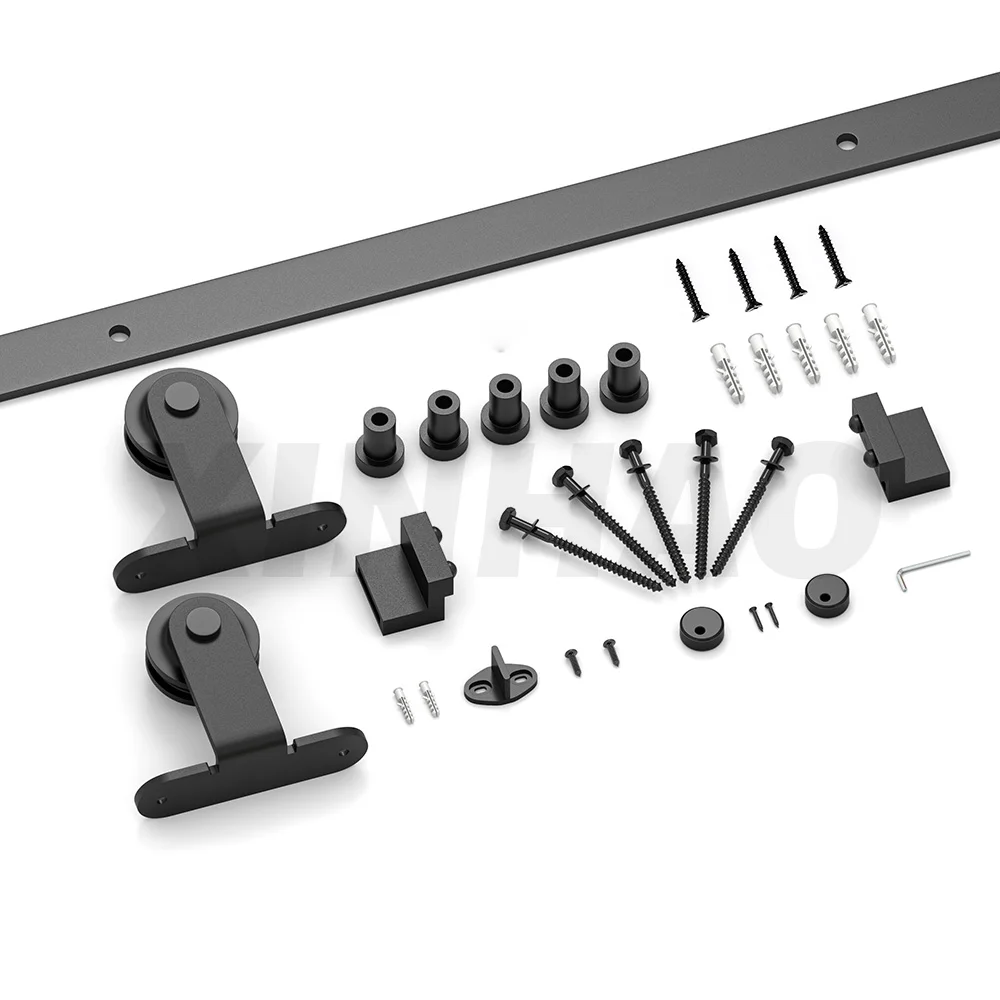 5FT Single Door Traditional American Carbon Steel Top Mount Black Wheel Rolling Sliding Wood Barn Door Hadrware Fittings