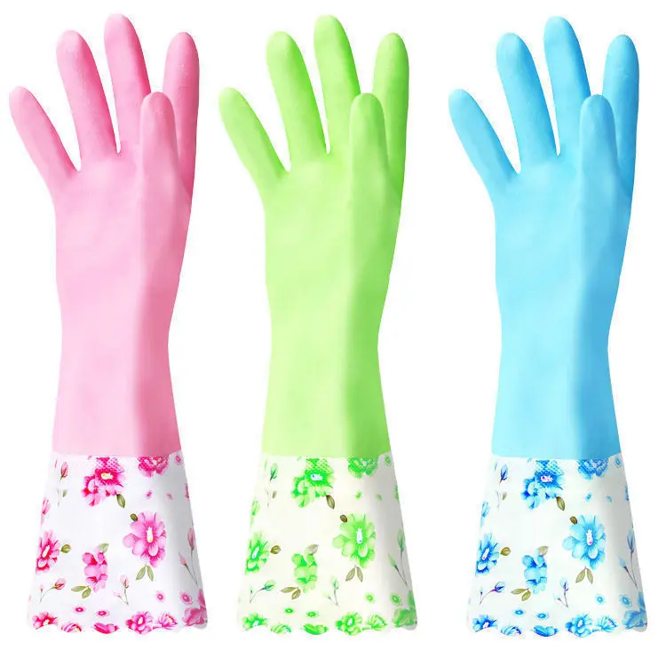 Household gloves plus fleece kitchen dishes laundry latex gloves Durable rubber gloves waterproof long factory direct sale